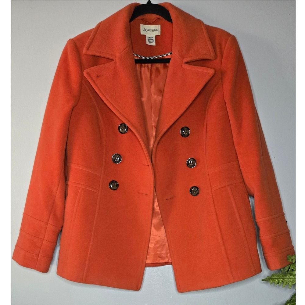 St. John's Bay Women's Medium Orange Wool Cashmere Peacoat Double Breasted